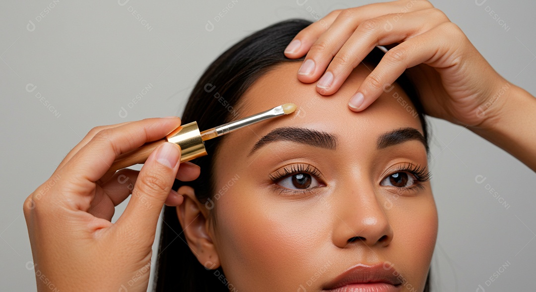 Retrato realista de linda mulher jovem fazendo design de sobrancelha