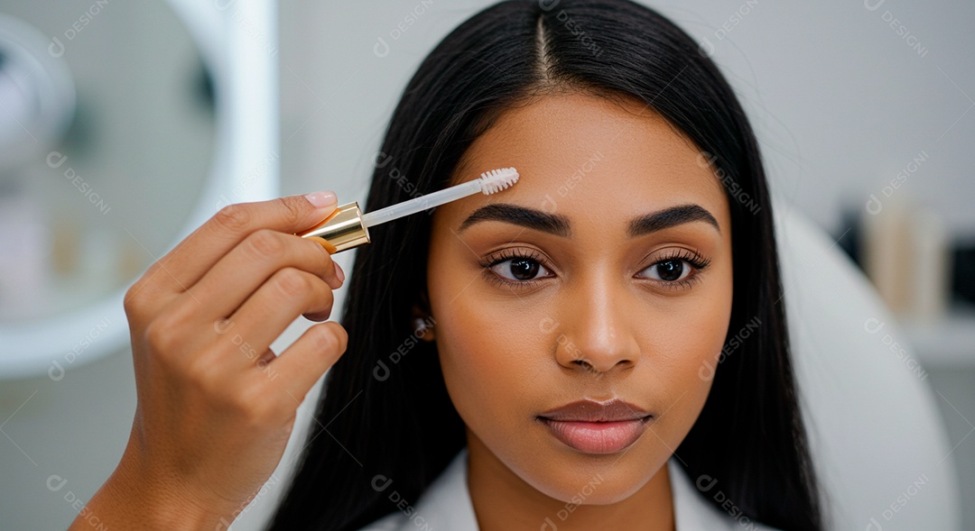 Retrato realista de linda mulher jovem fazendo design de sobrancelha