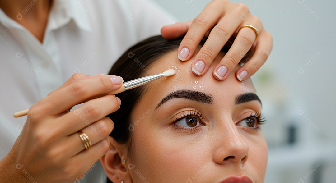 Retrato realista de linda mulher jovem fazendo design de sobrancelha