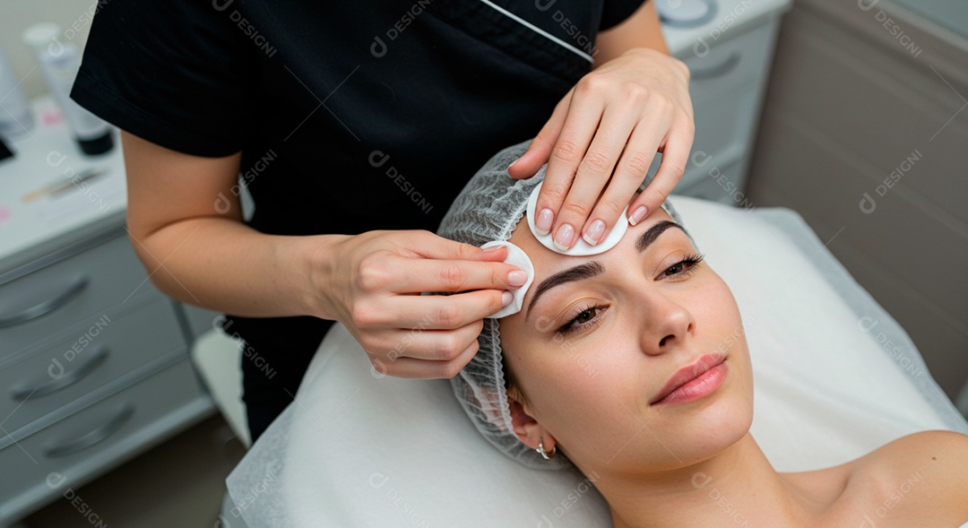 Retrato realista de linda mulher jovem fazendo design de sobrancelha