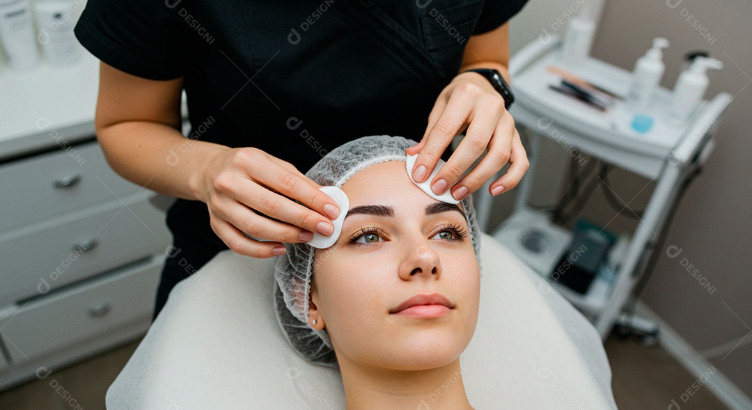 Retrato realista de linda mulher jovem fazendo design de sobrancelha