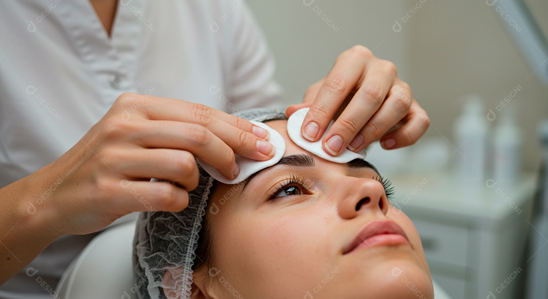 Retrato realista de linda mulher jovem fazendo design de sobrancelha