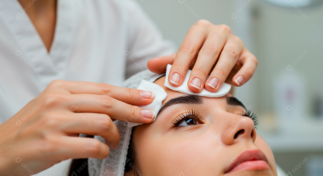 Retrato realista de linda mulher jovem fazendo design de sobrancelha