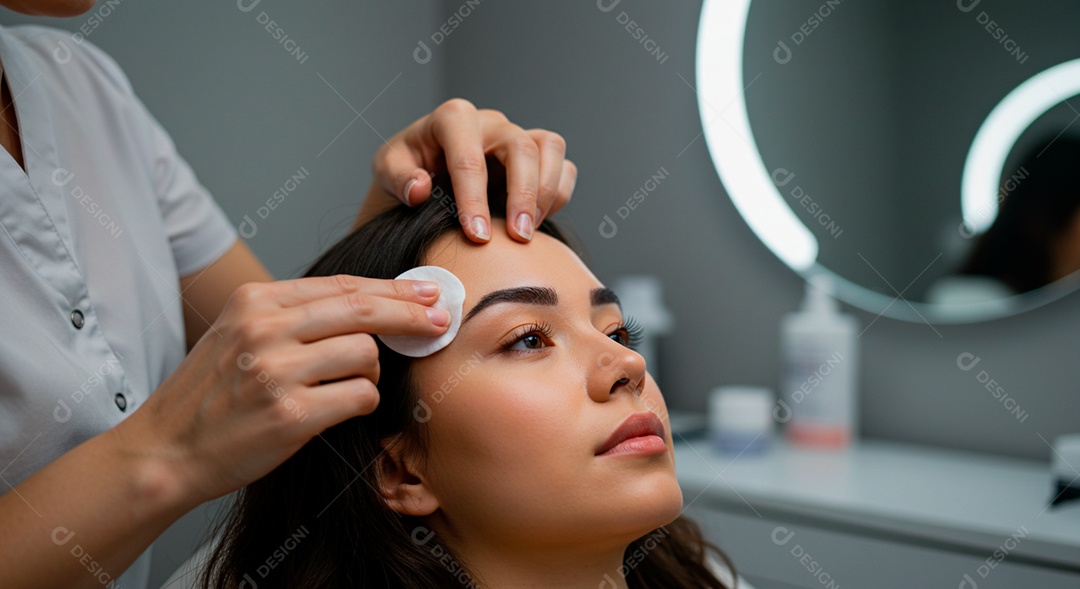 Retrato realista de linda mulher jovem fazendo design de sobrancelha