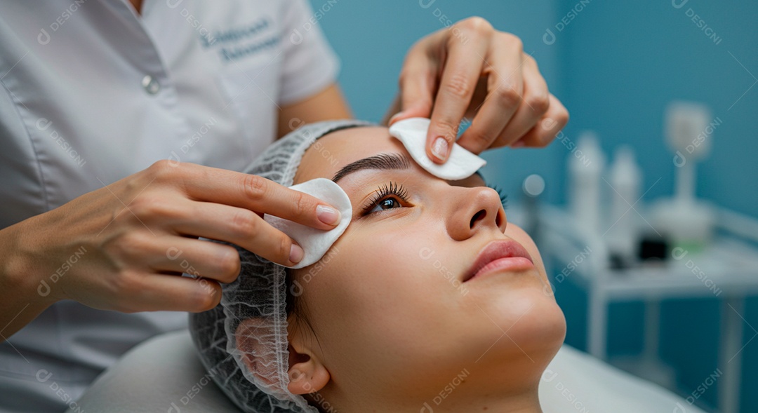 Retrato realista de linda mulher jovem fazendo design de sobrancelha