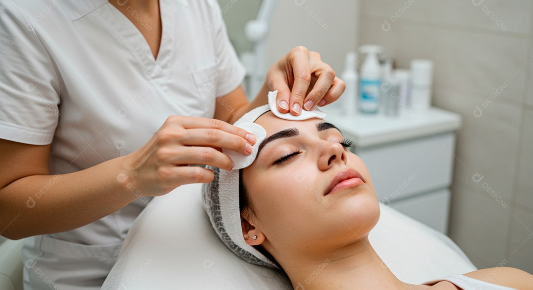 Retrato realista de linda mulher jovem fazendo design de sobrancelha