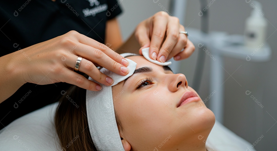 Retrato realista de linda mulher jovem fazendo design de sobrancelha