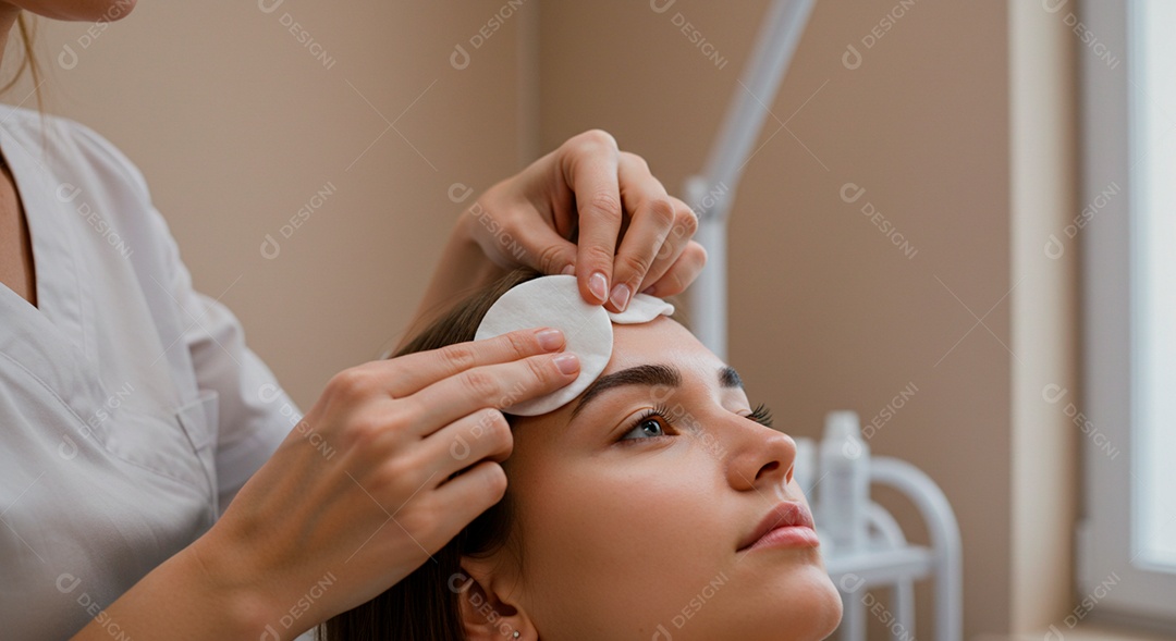 Retrato realista de linda mulher jovem fazendo design de sobrancelha