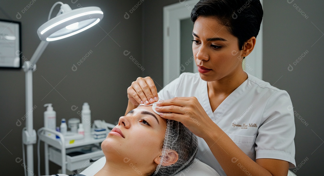 Mulher sobre clinica de estética fazendo sobrancelha