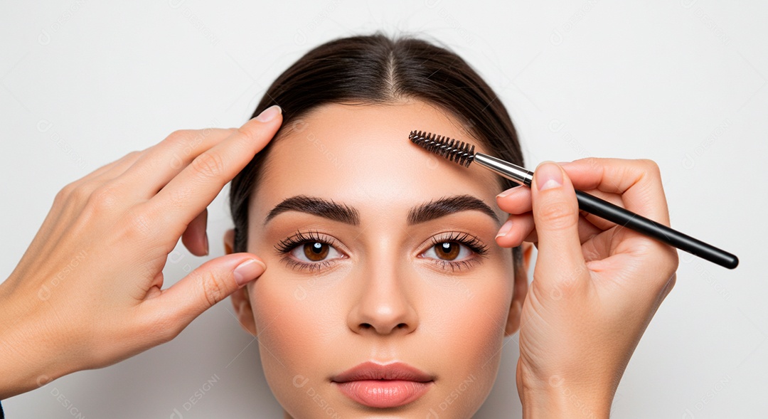 Retrato realista de linda mulher jovem fazendo design de sobrancelha