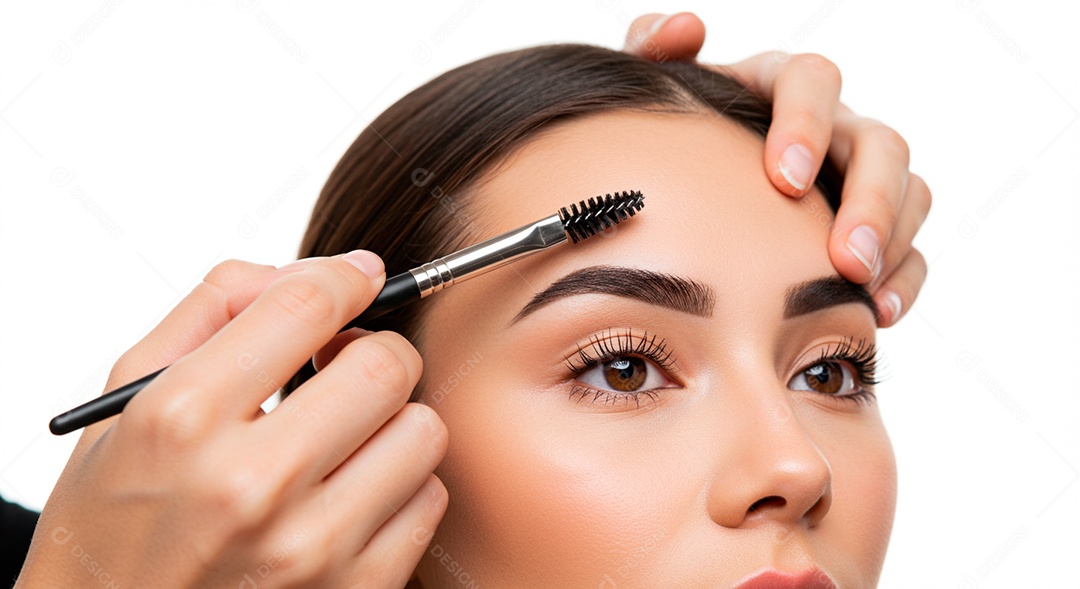 Retrato realista de linda mulher jovem fazendo design de sobrancelha