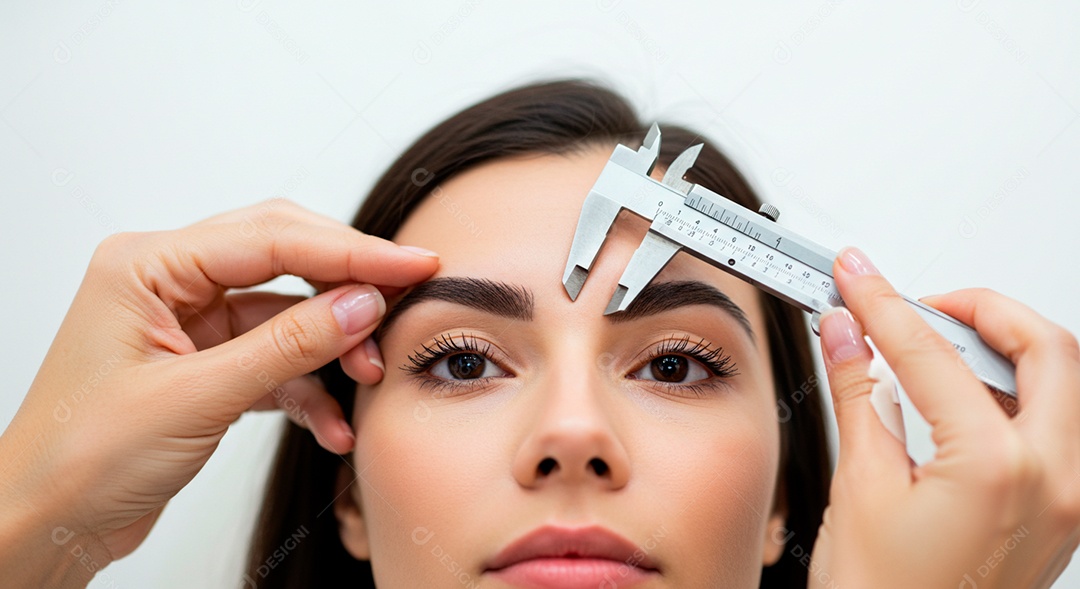 Retrato realista de linda mulher jovem fazendo design de sobrancelha