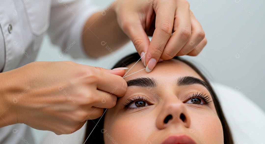 Retrato realista de linda mulher jovem design de sobrancelha