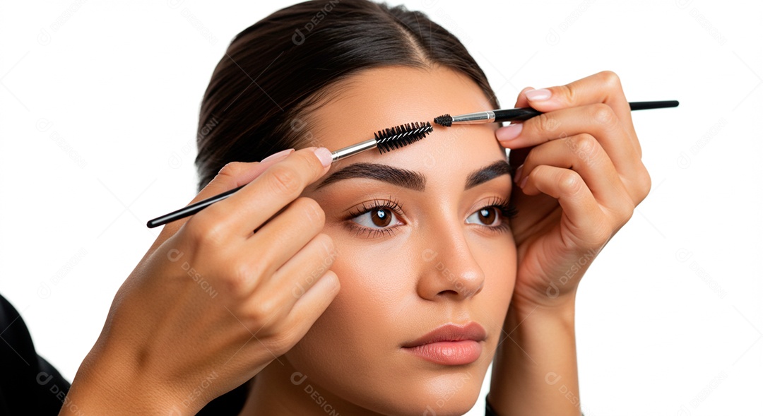 Retrato realista de linda mulher jovem fazendo design de sobrancelha