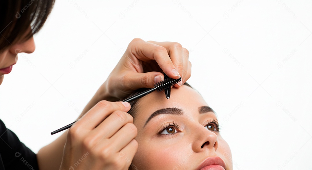 Retrato realista de linda mulher jovem fazendo design de sobrancelha