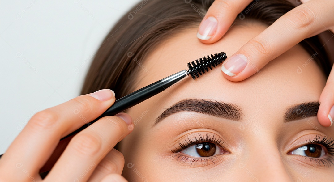 Retrato realista de linda mulher jovem fazendo design de sobrancelha