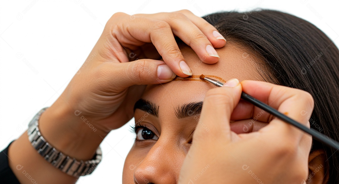 Retrato realista de linda mulher jovem fazendo design de sobrancelha