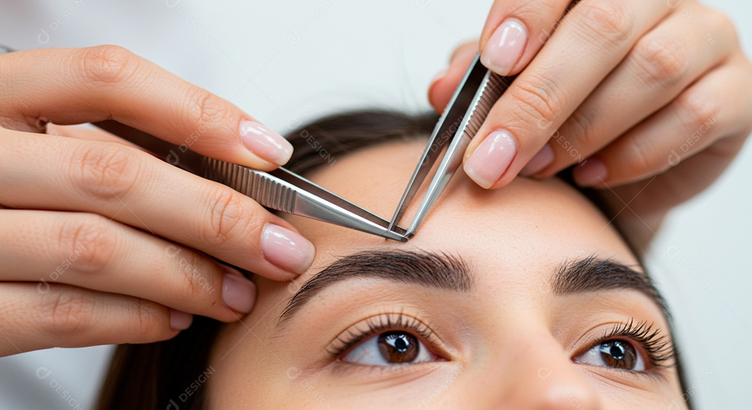 Retrato realista de linda mulher jovem fazendo design de sobrancelha