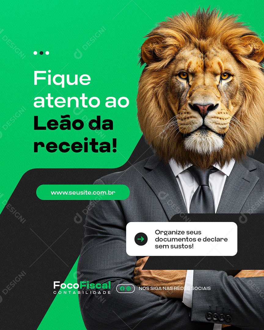 Contabilidade Fique Atento ao Leão da Receita Social Media PSD Editável