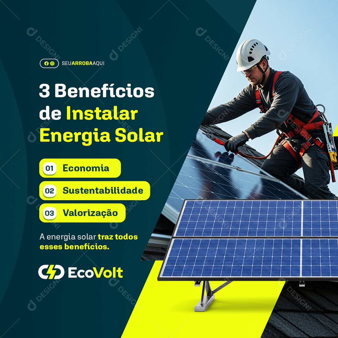 Energia Solar Três Benefícios de Instalar Social Media PSD Editável