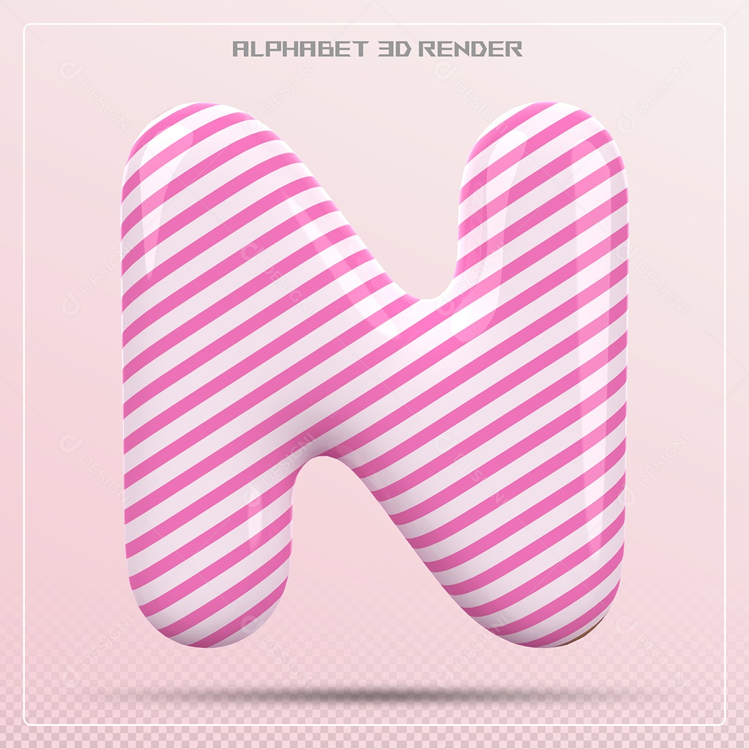 Elemento 3D Letra N Rosa e Branco para Composição PSD