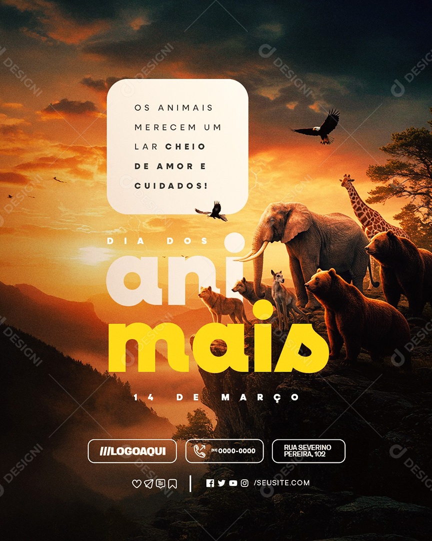 Dia dos Animais 14 de Março Cheio de Amor e Cuidados Social Media PSD Editável