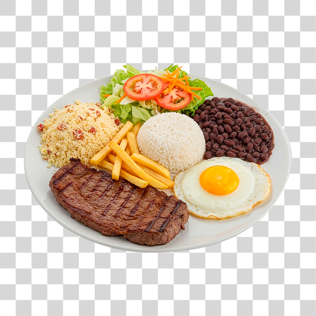 Arroz feijão ovo salada carne e farofa