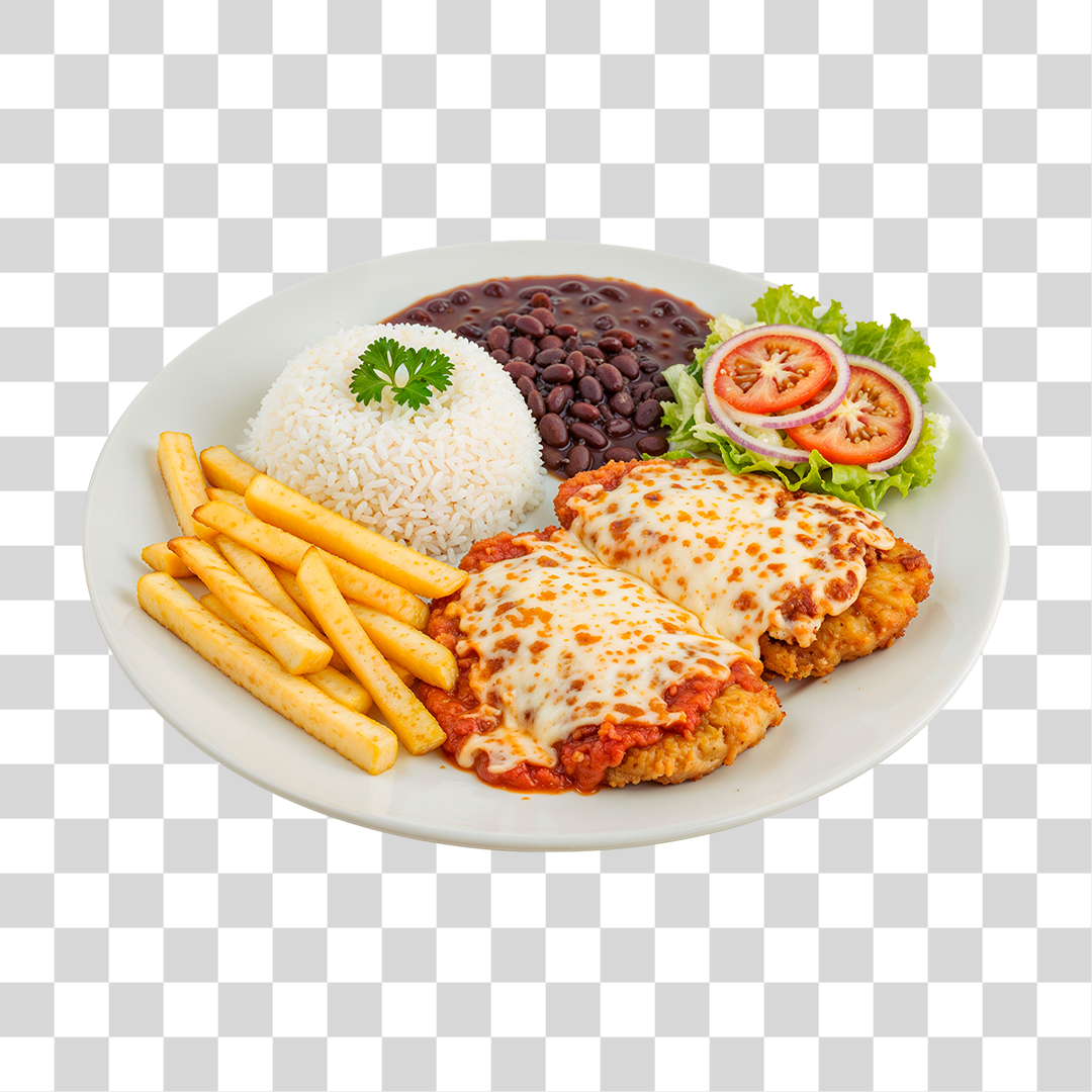 Arroz feijão salada Parmegiana e farofa