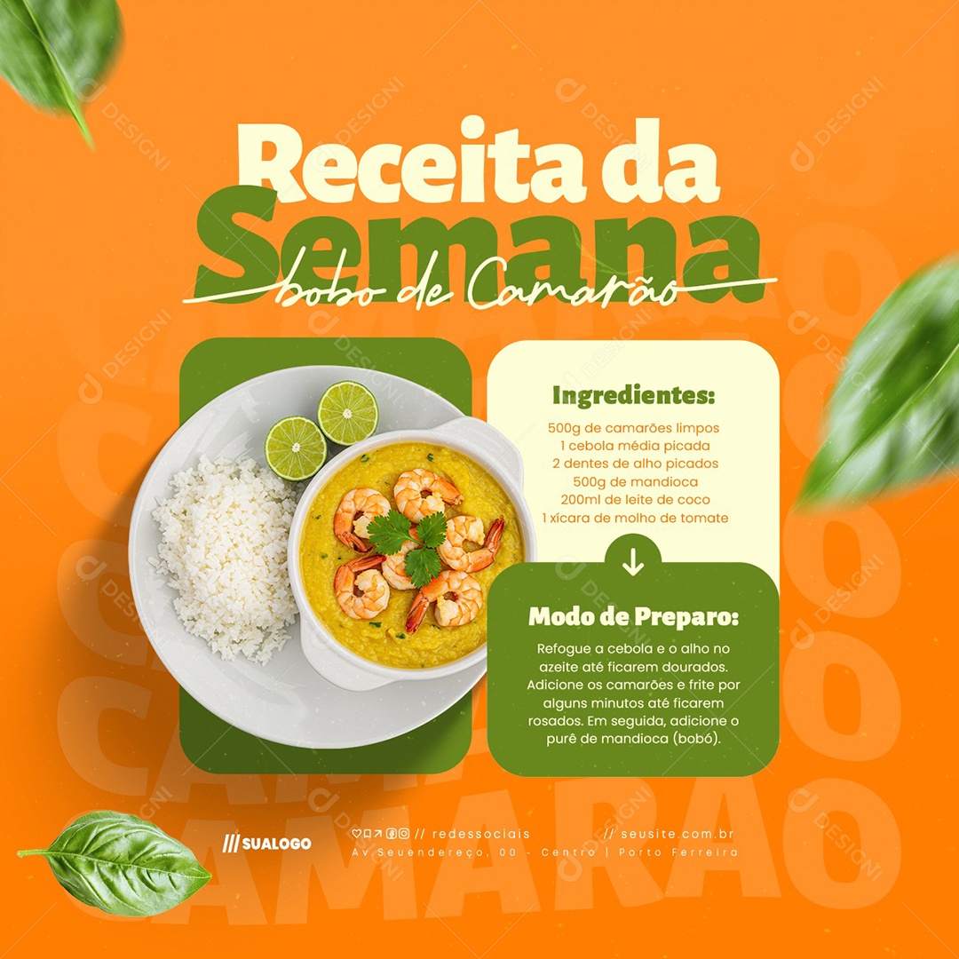 Receita da Semana Bobo de Camarão Restaurante Social Media PSD Editável