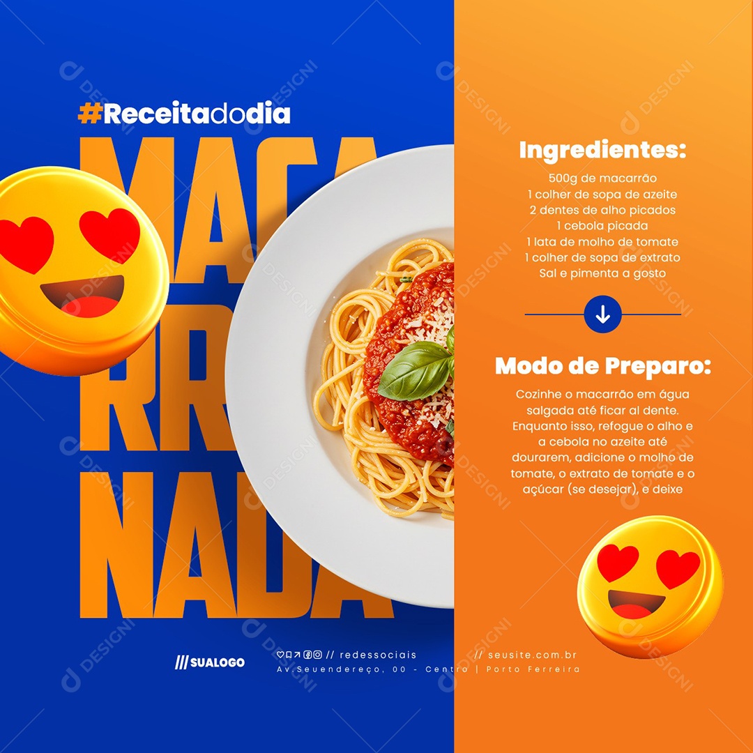 Receita de Macarronada Restaurante de Massas Social Media PSD Editável
