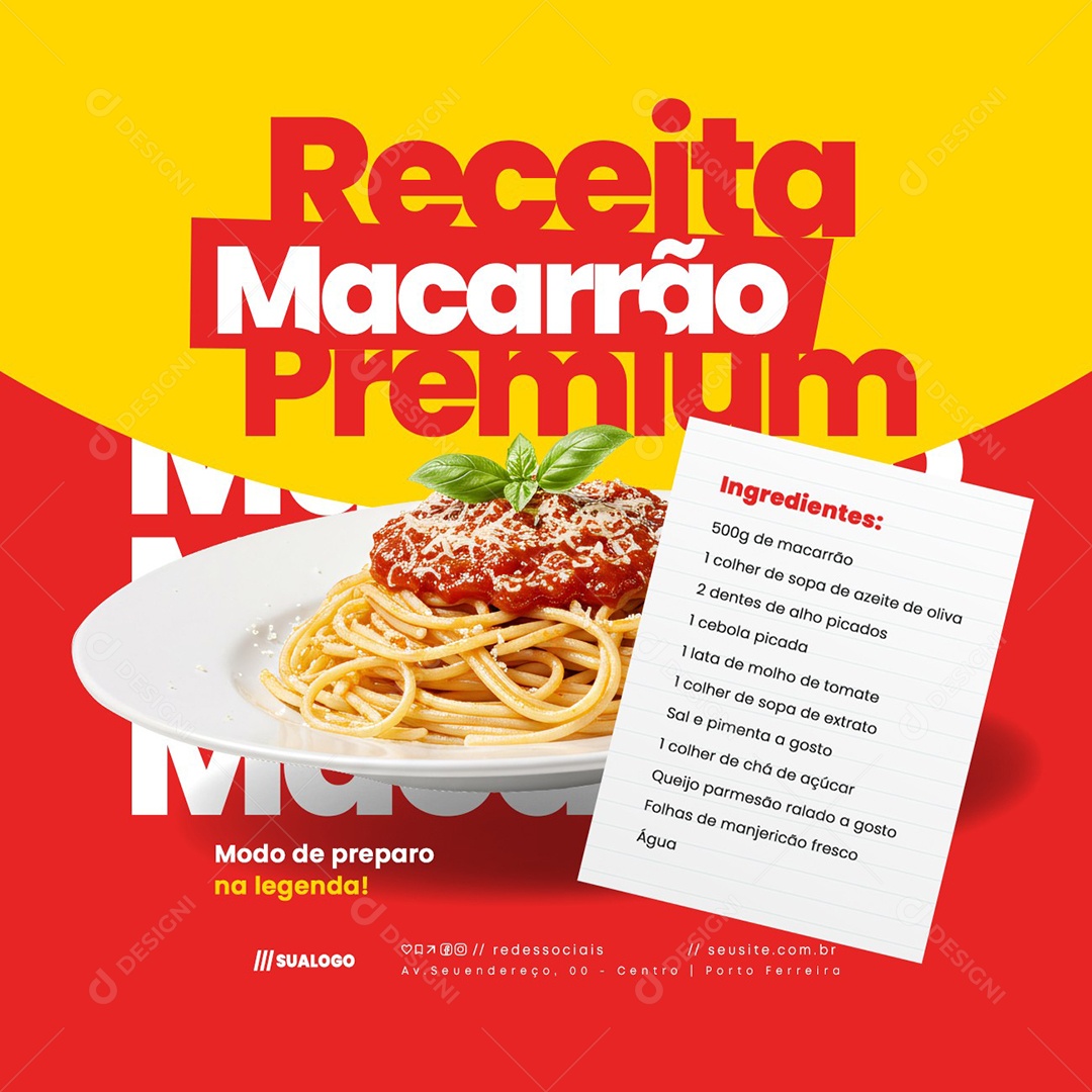 Receita de Macarrão Premium Restaurante de Massas Social Media PSD Editável