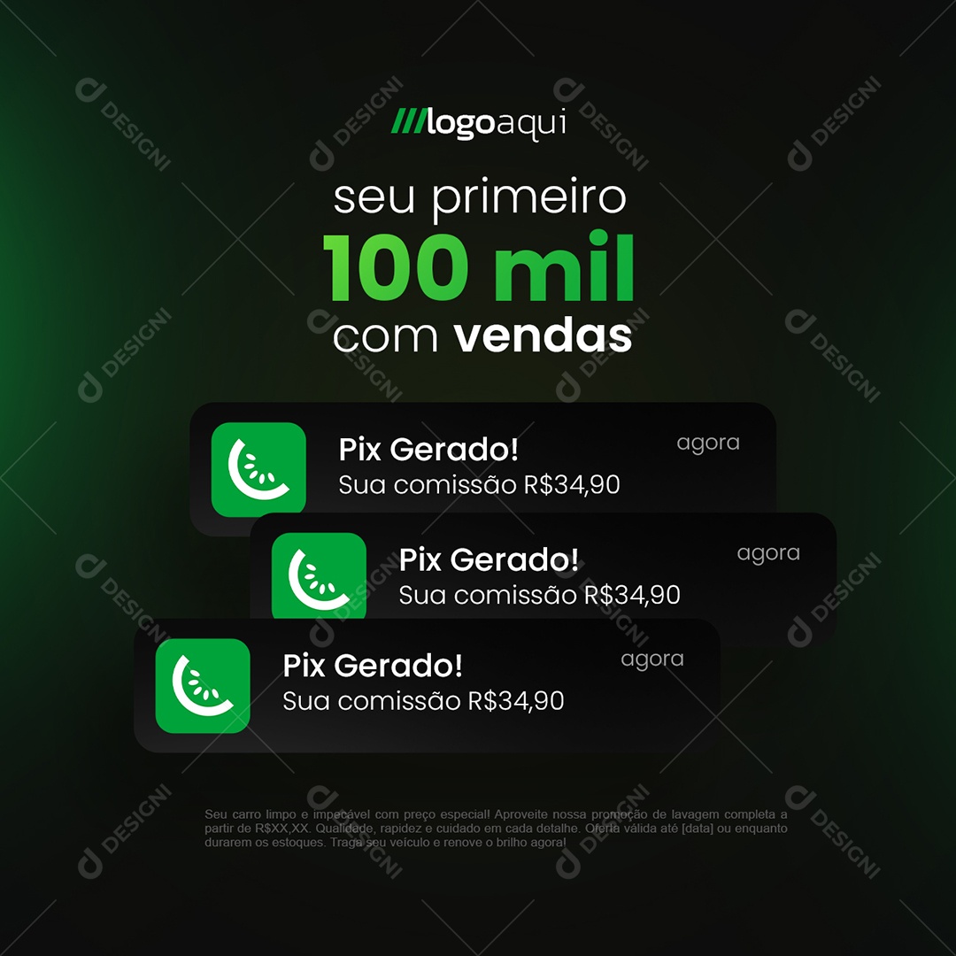 Notificação de Vendas Kiwify Seu Primeiro Cem Mil Com Vendas Social Media PSD Editável
