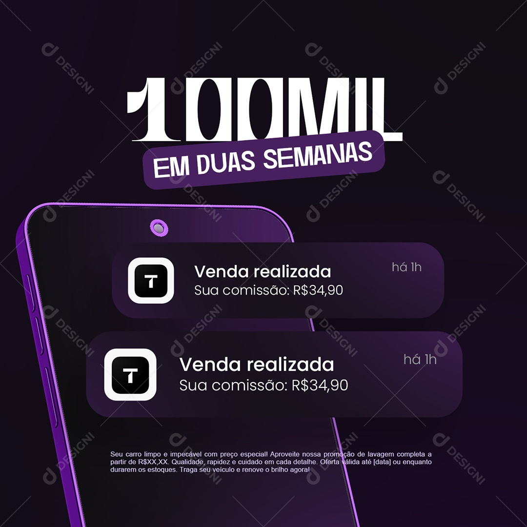 Notificação de Vendas Ticto Cem Mil Em Duas Semanas Social Media PSD Editável