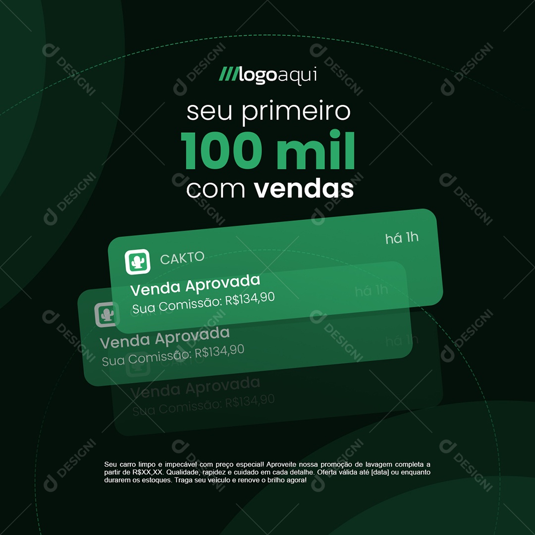 Notificação de Vendas Cakto Seu Primeiro Cem Mil Com Vendas Social Media PSD Editável