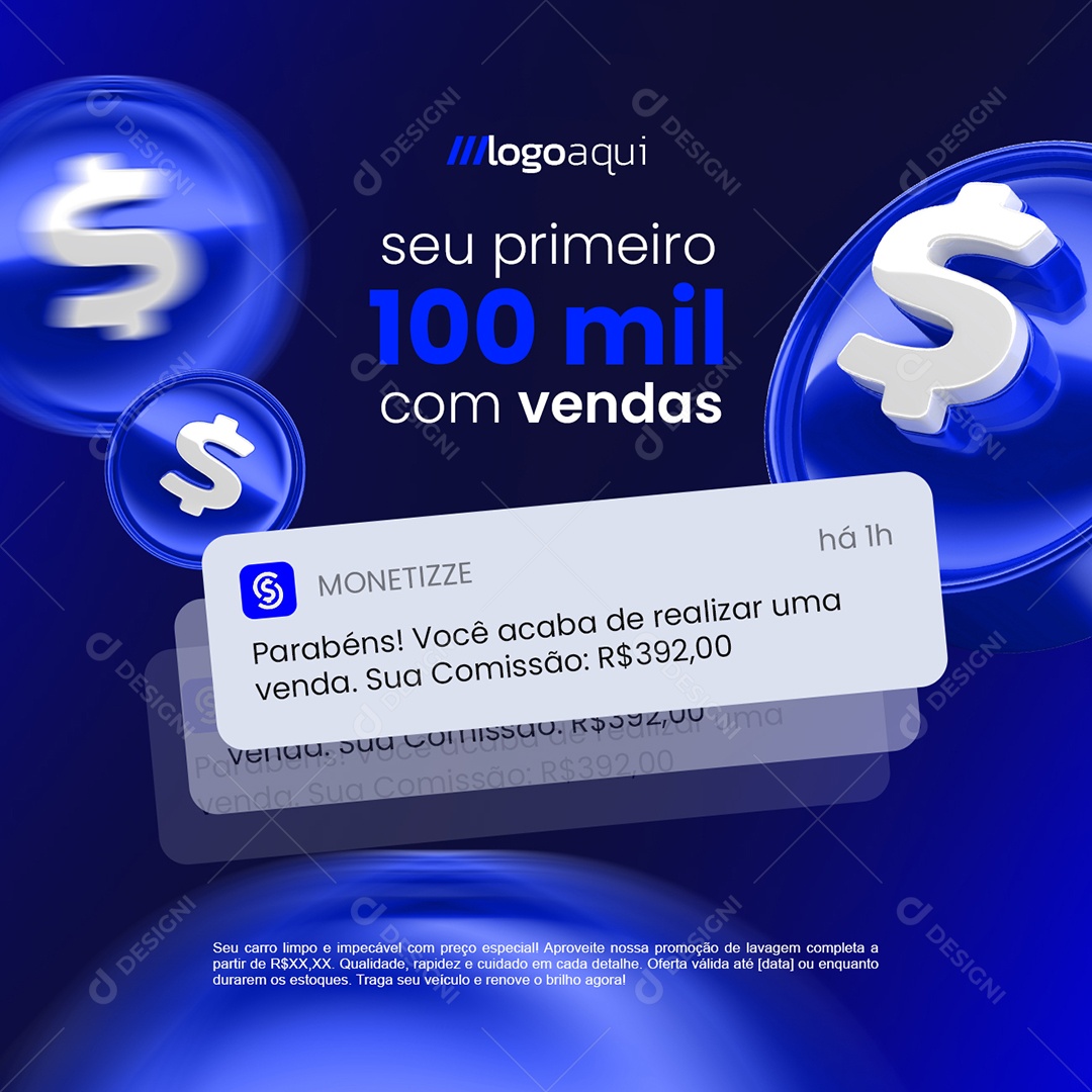 Notificação de Vendas Monetizze Seu Primeiro Cem Mil Com Vendas Social Media PSD Editável