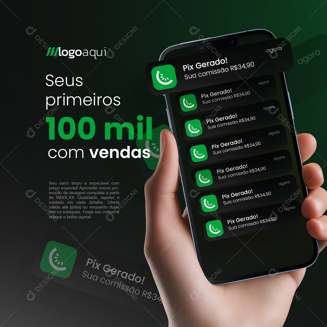 Notificação de Vendas Kiwify Seus Primeiros Cem Mil com Vendas Social Media PSD Editável