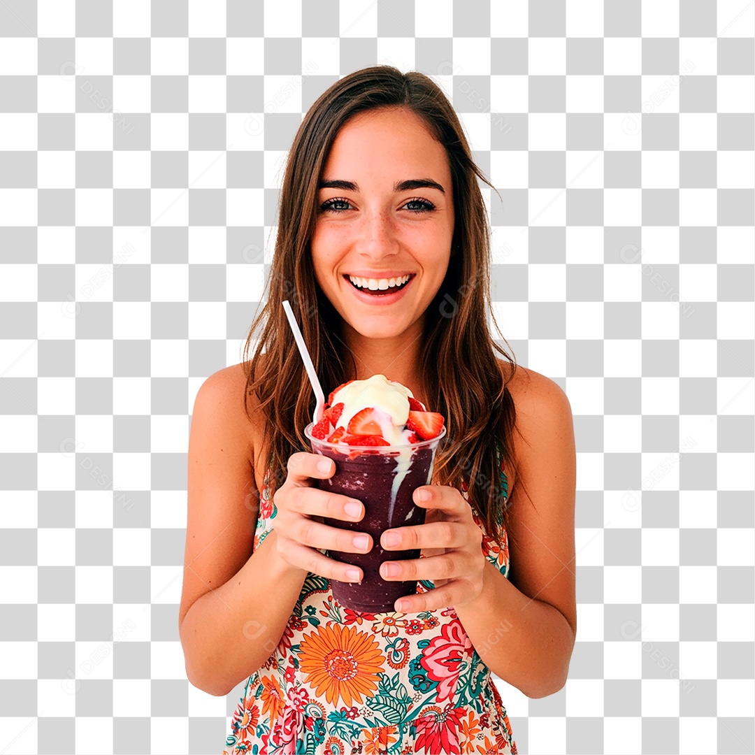 Mulher Segurando Copo de Açaí PNG Transparente