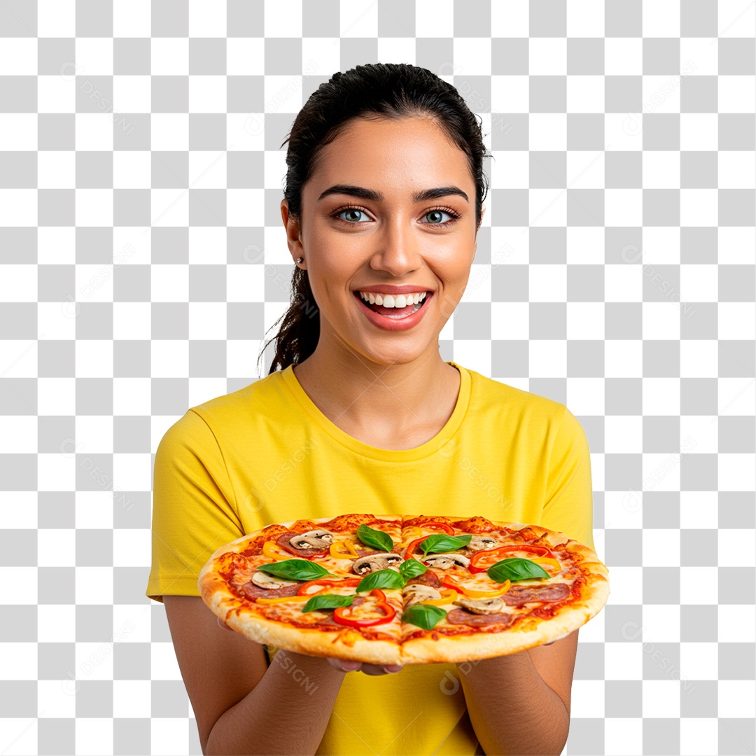 Mulher Segurando Pizza PNG Transparente