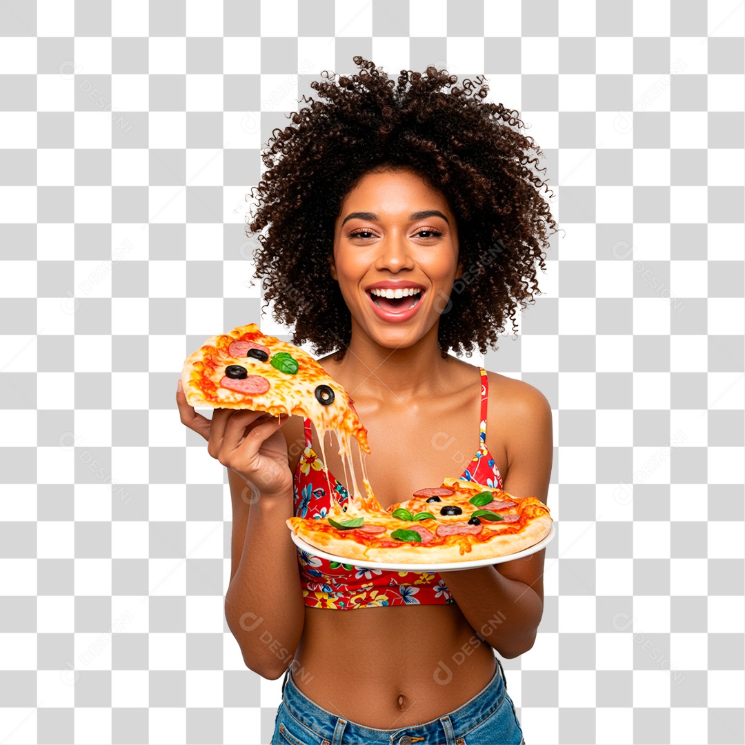 Mulher Segurando Pizza PNG Transparente