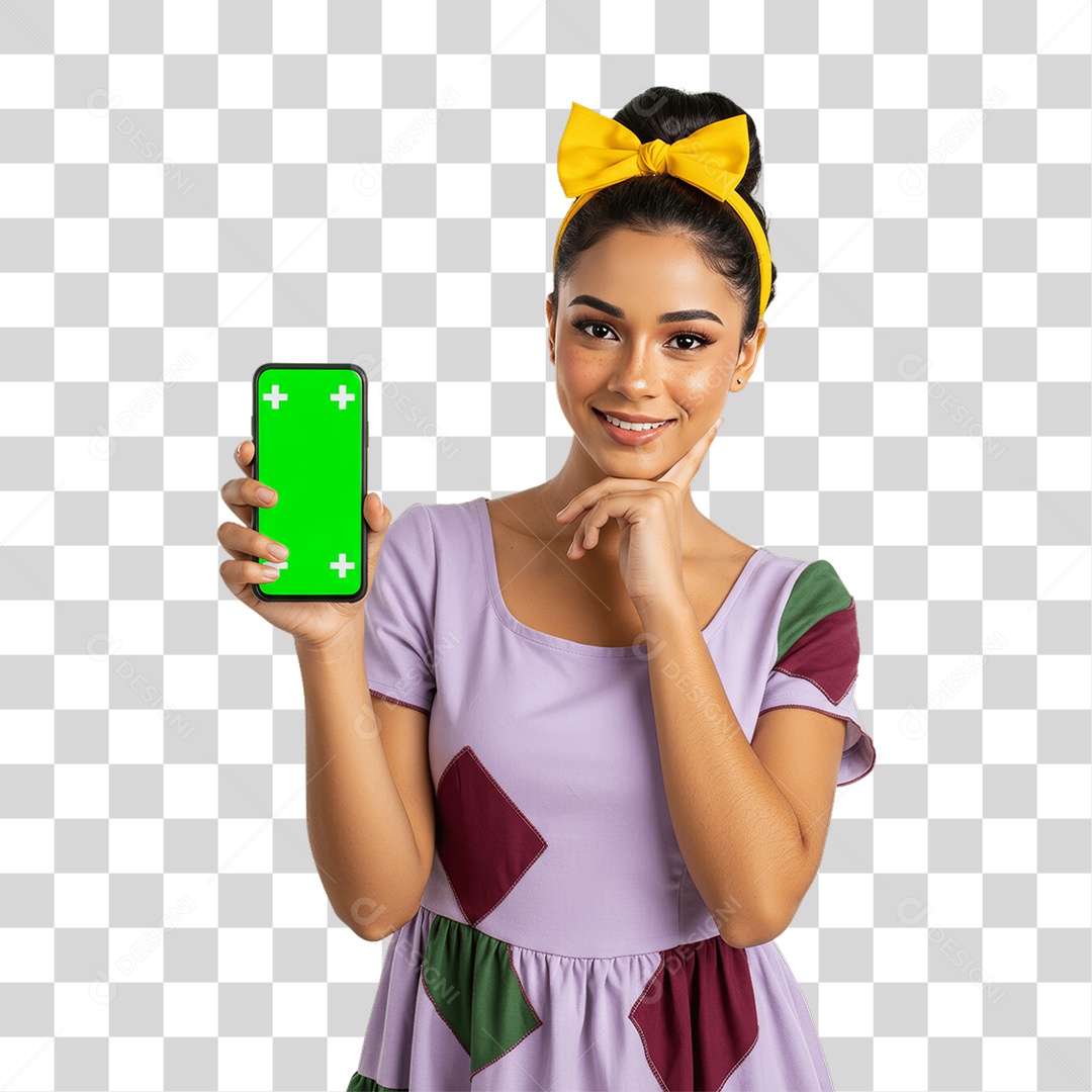 Mulher com Roupa de Festa Junina Celular com Chroma Key PNG Transparente