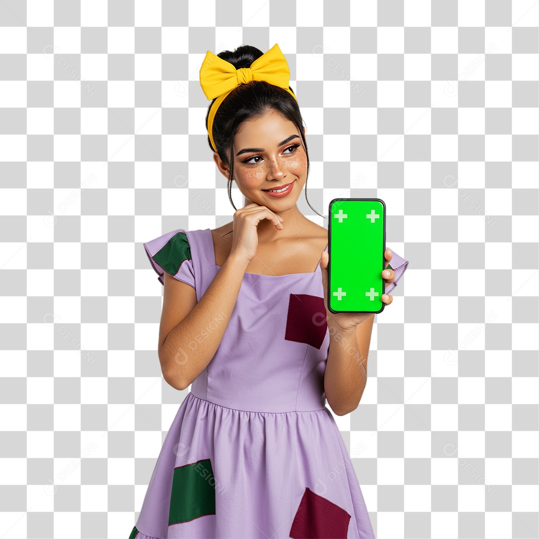 Mulher com Roupa de Festa Junina Celular com Chroma Key PNG Transparente