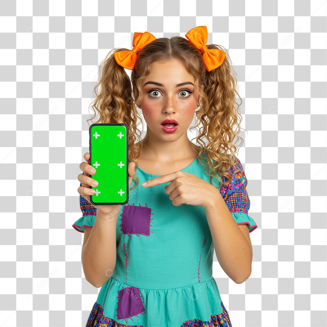 Mulher com Roupa de Festa Junina Celular com Chroma Key PNG Transparente