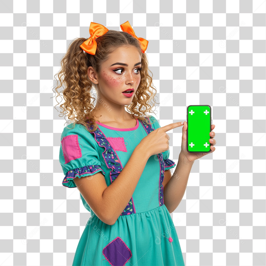 Mulher com Roupa de Festa Junina Celular com Chroma Key PNG Transparente