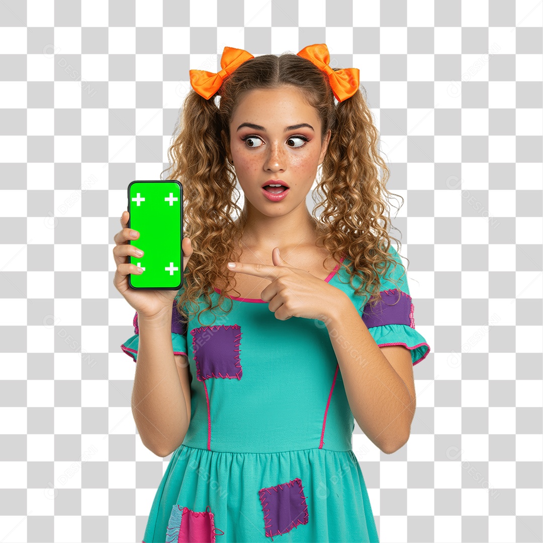 Mulher com Roupa de Festa Junina Celular com Chroma Key PNG Transparente