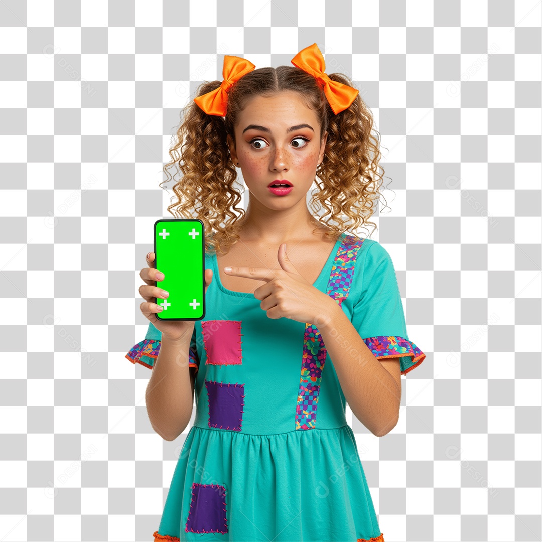 Mulher com Roupa de Festa Junina Celular com Chroma Key PNG Transparente