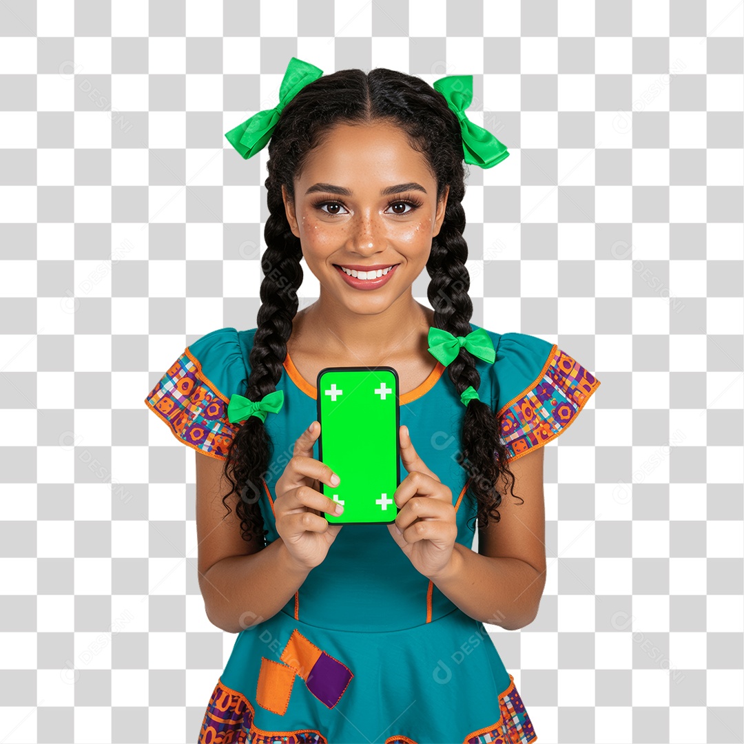Mulher com Roupa de Festa Junina Celular com Chroma Key PNG Transparente