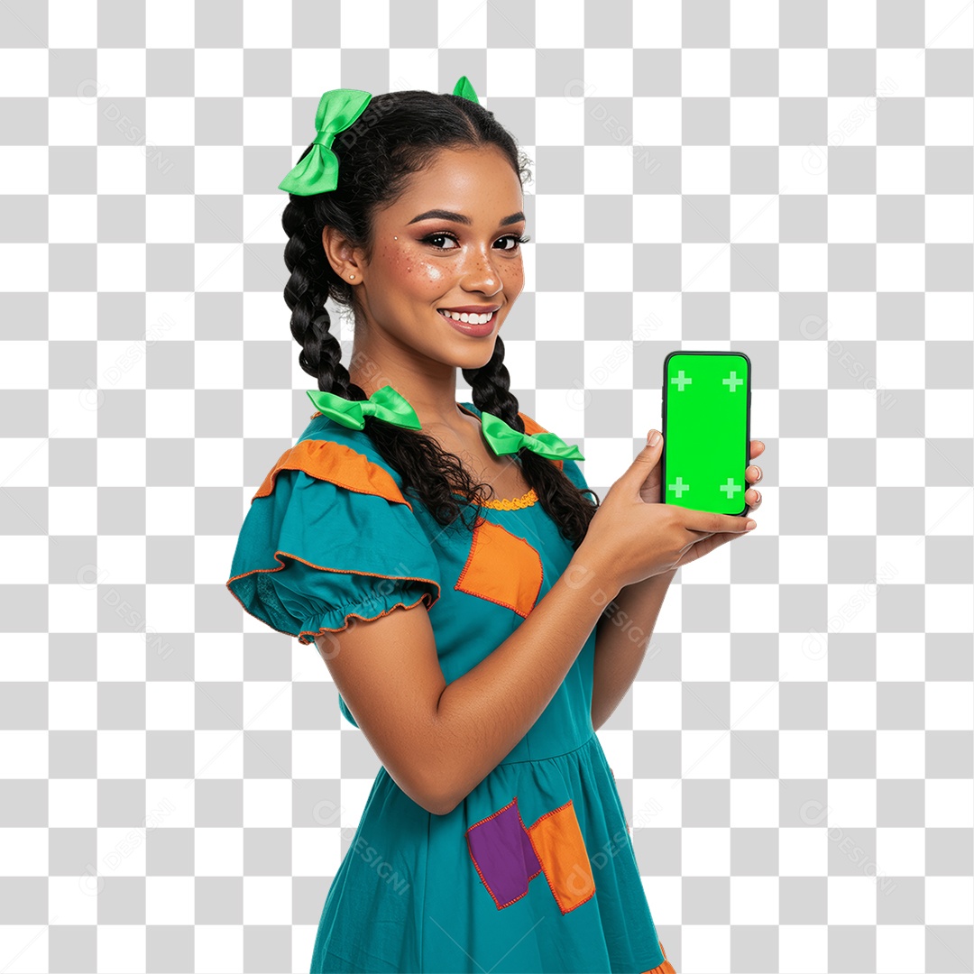 Mulher com Roupa de Festa Junina Celular com Chroma Key PNG Transparente