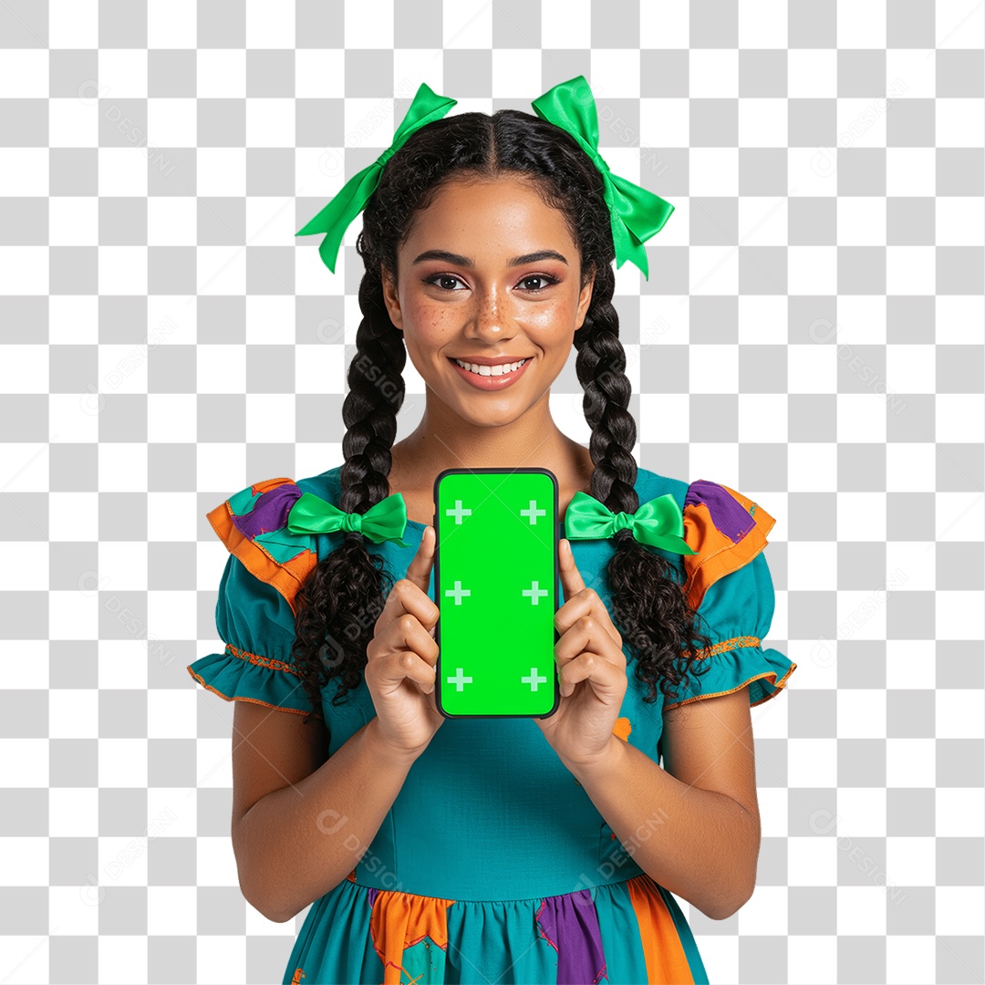 Mulher com Roupa de Festa Junina Celular com Chroma Key PNG Transparente