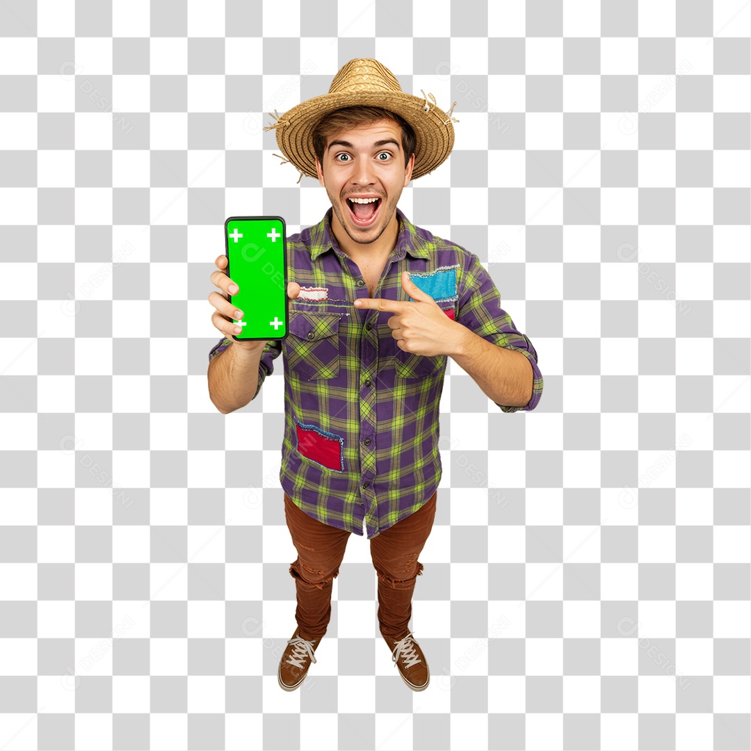 Homem com Roupa de Festa Junina Celular com Chroma Key PNG Transparente