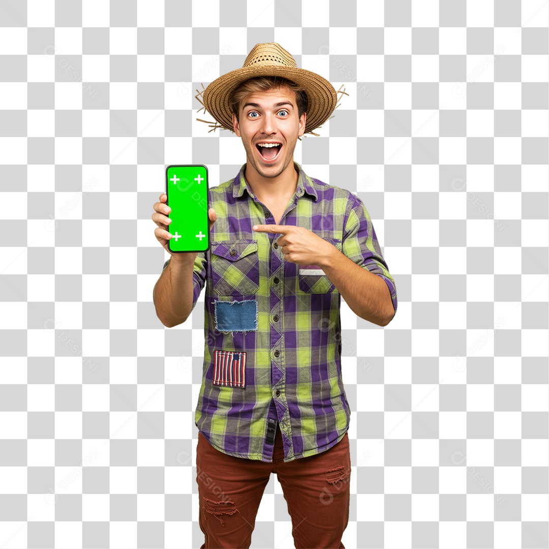 Homem com Roupa de Festa Junina Celular com Chroma Key PNG Transparente